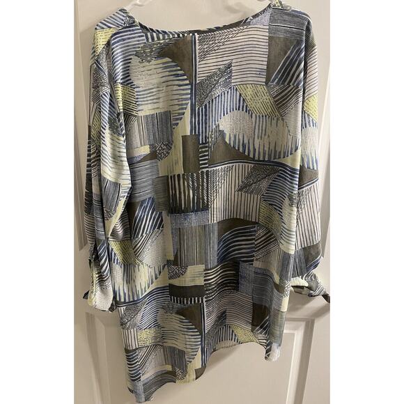 CHICO'S Blouse Womens Size 3 Striped Roll Tab Sleeve Angle Hem Sheer Blue Green - Picture 7 of 7